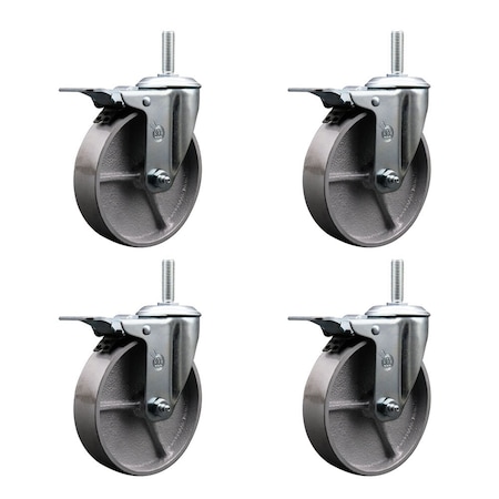 Service Caster 5 Inch Semi Steel Swivel 34 Inch Threaded Stem Caster Set with Total Lock Brake SCC-TSTTL20S514-SSS-34212-4